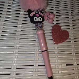 Pink and Black Sanrio Kuromi Pen With Pom Pom And Dangling Cherry Charm